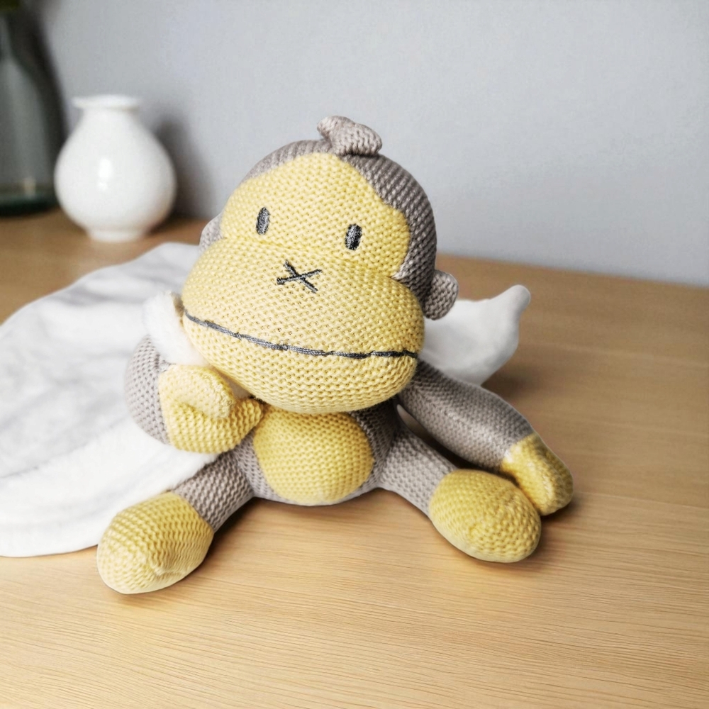 Baby Bum Monkey "Duke" Lovey Security Blanket Gray Yellow Knit Plush 13"